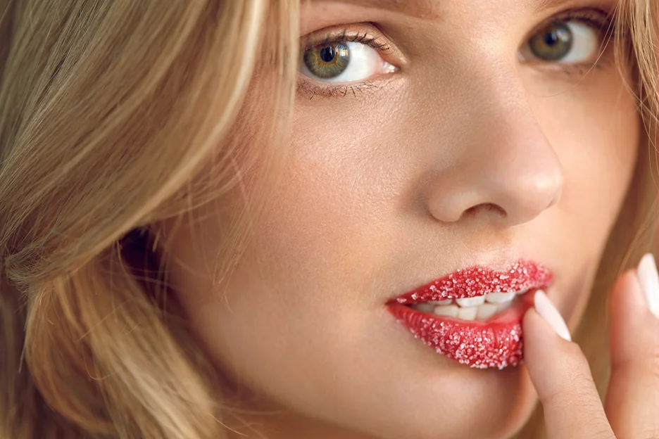 a woman uses lip scrub to moisturize her lips after lip fillers