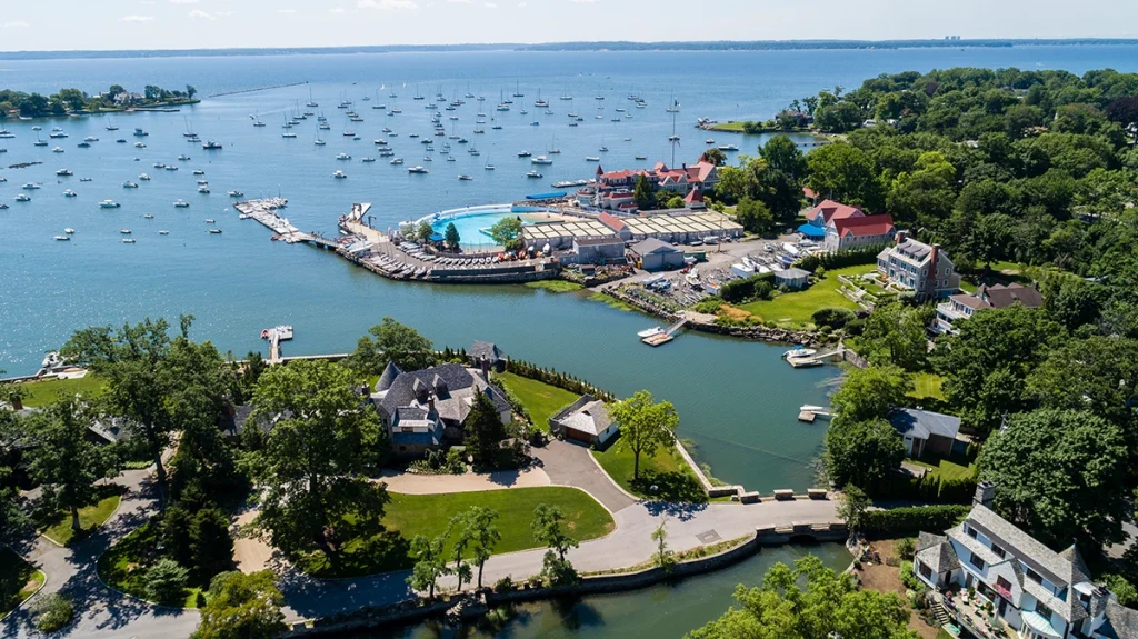 Scenic aerial view of Westchester County waterfront near Bedford Hills